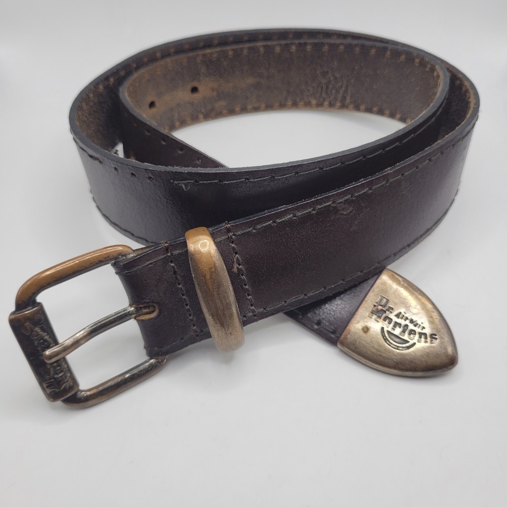 Vintage Dr. Martens Belt Med Brown Leather Distressed Utility Grunge Industrial